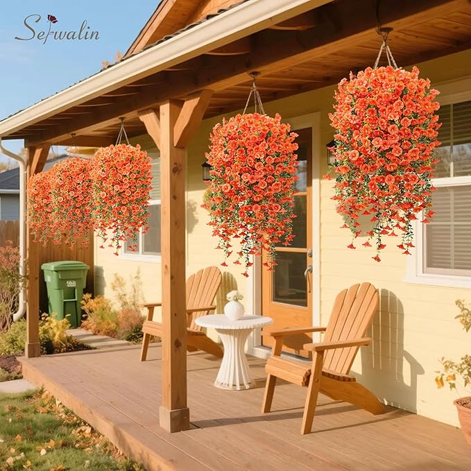 Serwalin Artificial Hanging Flowers for Outdoors Decoration, 8PCS UV Realistic Resistant Silk Artificial Fake Plants Outdoor for Porch Patio Balcony Planter Garden Yard Decor (Orange,8PCS)