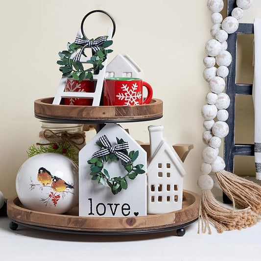 GENMOUS & CO. Farmhouse Tiered Tray Decor with Distressed Wood Bead Garland, Decorative 2 Tiered Serving Tray with Metal Handle for Rustic Home Décor