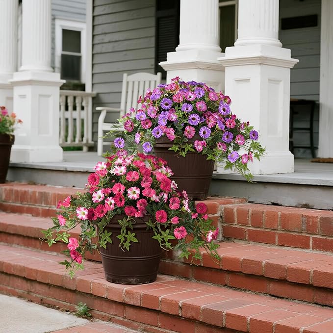 Artificial Fake Flowers Hanging Plants for Outdoor Spring Summer Decoration, 2Pcs Faux Petunias Realistic Silk Flower UV Resistant No Fade for Home Outside Garden Balcony Yard Porch Indoor (Rose Red)