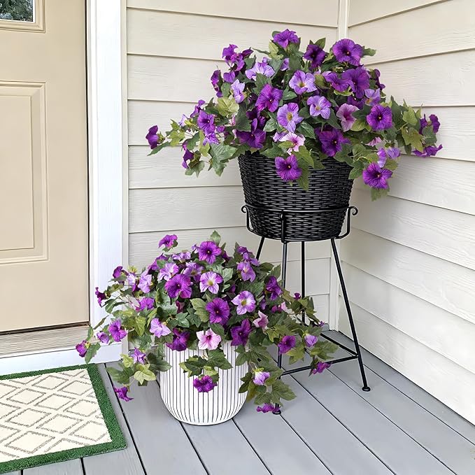 2PCS Artificial Petunia Flowers for Outdoors, Fake Flowers for Outdoor Planters UV Resistant Faux Silk Petunias for Garden Porch Yard Balcony Patio Realistic Home Kitchen Decor(Double Purple)