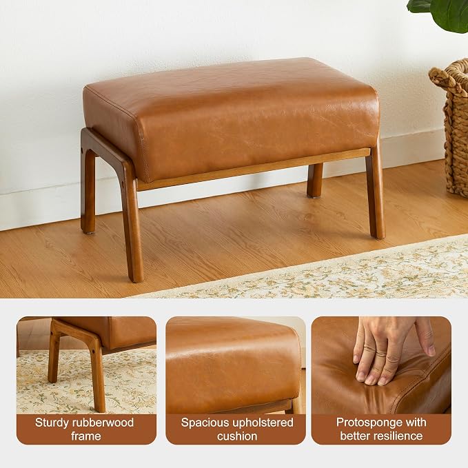 Glitzhome 15.5"(H) Footrest Stool Set of 2, Leatherette Ottoman, Accent Padded Sofa Foot Stool for Accent Chair, Wood Frame Foot Rest Ottoman for Living Room, Bedroom, Yellowish-Brown