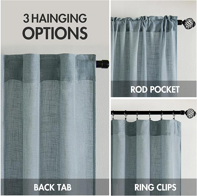 MIULEE Dusty Blue Linen Curtains 63 Inch Length 2 Panels for Bedroom Living Room, Soft Thick Linen Textured Kitchen Window Drapes Semi Sheer Light Filtering Back Tab Rod Pocket Burlap Look Decor