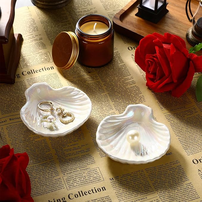 Teenyyou 8 Pcs Shell Ring Dish Ceramic Jewelry Trinket Dish Tray Seashell Ring Key Holder Bowl Beach Room Coastal Plate Decor for Home Bathroom Counter(Classic,White)