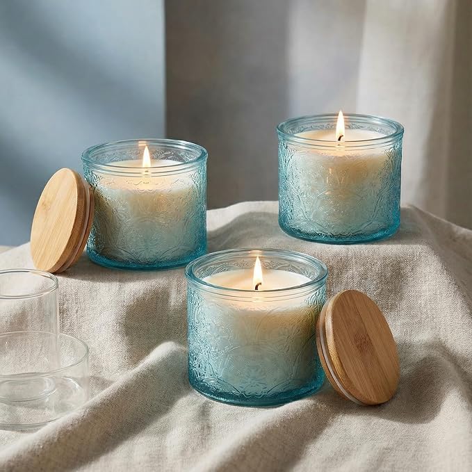 10 oz Blue Mandala Glass Candle Jars with Bamboo Lids, 9 Pack | Patented Embossed Design, Includes Wick Centering Devices & Warning Labels, Multiple Color Options
