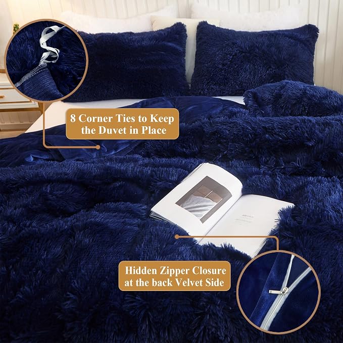 XeGe Plush Shaggy Duvet Cover Set, Luxury Ultra Soft Crystal Velvet Fluffy Bedding Sets 3 Pieces(1 Furry Faux Fur Comforter Cover + 2 Fuzzy Faux Fur Pillowcases), Zipper Closure(Queen, Navy Blue)