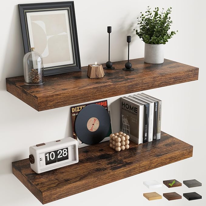 36 Inch Floating Shelves for Wall 2 Pack, 12"D Wood Grain Bathroom Shelves with Invisible Brackets, Easy Install Engineered Wood Storage Shelves for Kitchen, Living Room, Bedroom, Rustic Brown Finish