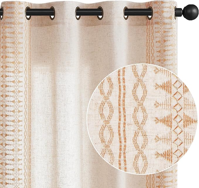 jinchan Boho Curtains for Bedroom Linen Blend Boho Curtains 96 Inches Long 2 Panels Farmhouse Embroidered Drapes for Living Room Drapes Light Filtering Grommet Window Traetments Gold on Beige