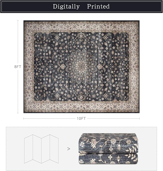 Srugn Washable Rugs 8x10 Area Rugs for Living Room,Rugs for Bedroom,Large Carpets,Ultra Soft Faux Wool Retro Dining Room Rug,Non Slip&Non-Shedding Low Pile Vintage Print Rug for Home Office-Black