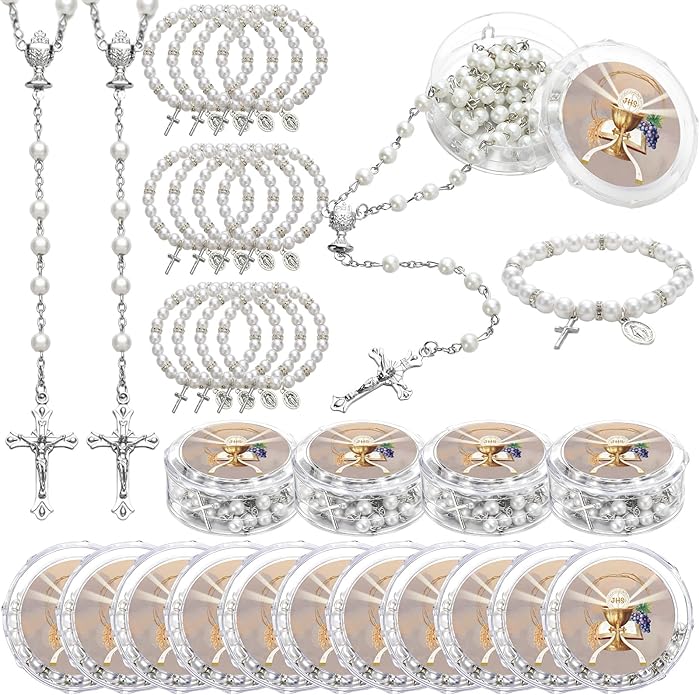 Kenning 24 Pcs First Communion Favor Rosary & Bracelet White Religious Rosary Bead Christian Baptism Gifts for Guests Primera Comunion Gift for Baptism Church Wedding