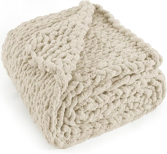 Chunky Knit Throw Blanket 60x80, 100% Handmade Chenille Yarn | 6.7lbs Soft Thick Cable Knitted Blankets, Large Rope Knot Crochet Throws for Couch Sofa Bed Machine Washable, Light Beige