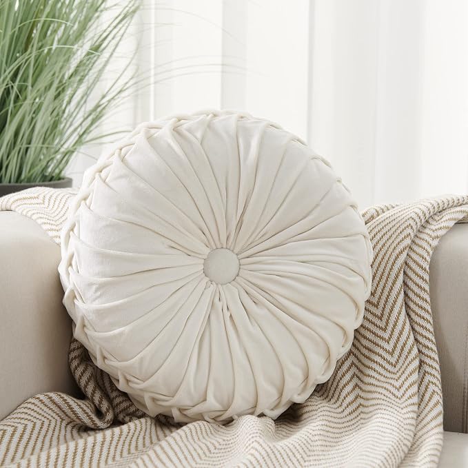 MOJUN Velvet Throw Pillow - Round, Pleated, Filled - Home Decorative Pillow for Couch, Chair, Bed, Car, Floor (White, 14inch)