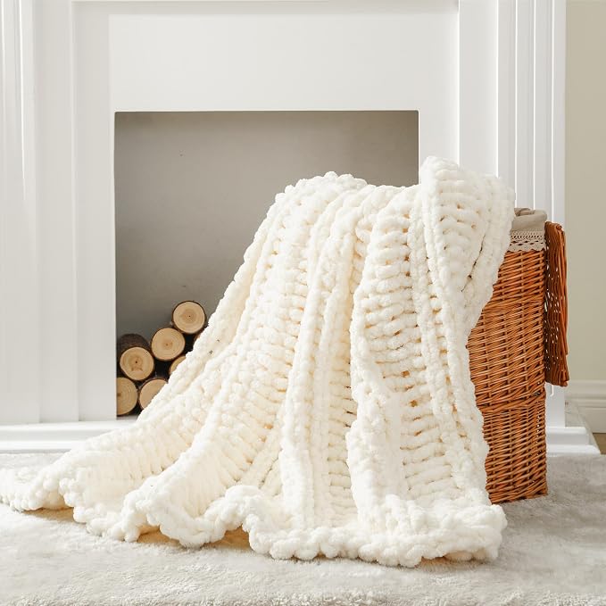 Battilo Chunky Knit Throw Blanket for Couch, 50"x60", White Cream | Hand Knit with Chunky Yarn, Gift blanket, Light Color, Cozy Warm Thick Soft Chenille Throw Blanket for Bed, Sofa, Living Room