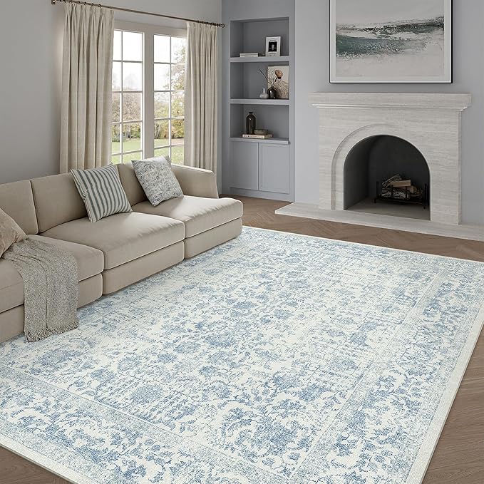 PureCozy Blue Area Rug 7x10 Machine Washable Vintage Living Room Distressed Non Slip Carpet Traditional Indoor Bedroom Retro Floral Accent Throw Large Rug for Office Kitchen Dining Room