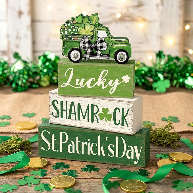 Marsui 4 Pcs St Patrick's Day Table Decorations Green Shamrocks Wooden Signs Block Farmhouse Irish Tiered Tray Decor Rustic St. Patrick's Day Table Centerpieces for Home Office Desk Shelf Mantel Decor