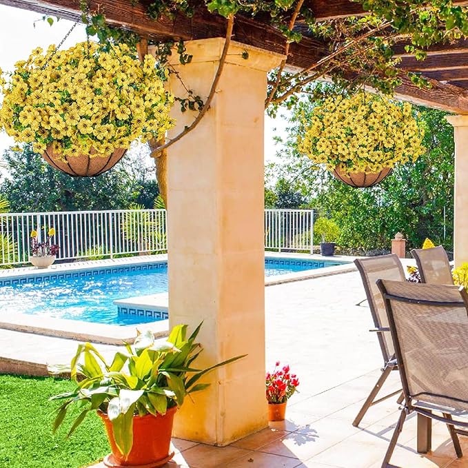 Ouddy Decor Artificial Hanging Flowers with Basket, Fake Hanging Plants with Faux Silk Flowers UV Resistant for Outdoors Indoors Spring Summer Porch Patio Balcony Yard Home Decorations, Yellow