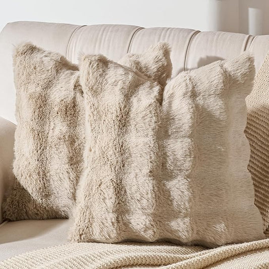 AmHoo Pack of 2 Throw Pillow Covers 3D Dense Faux Rabbit Fur Cozy Super Soft Fuzzy Set Case Cushion for Couch Sofa Bedroom 20 x 20-Inch Oatmeal