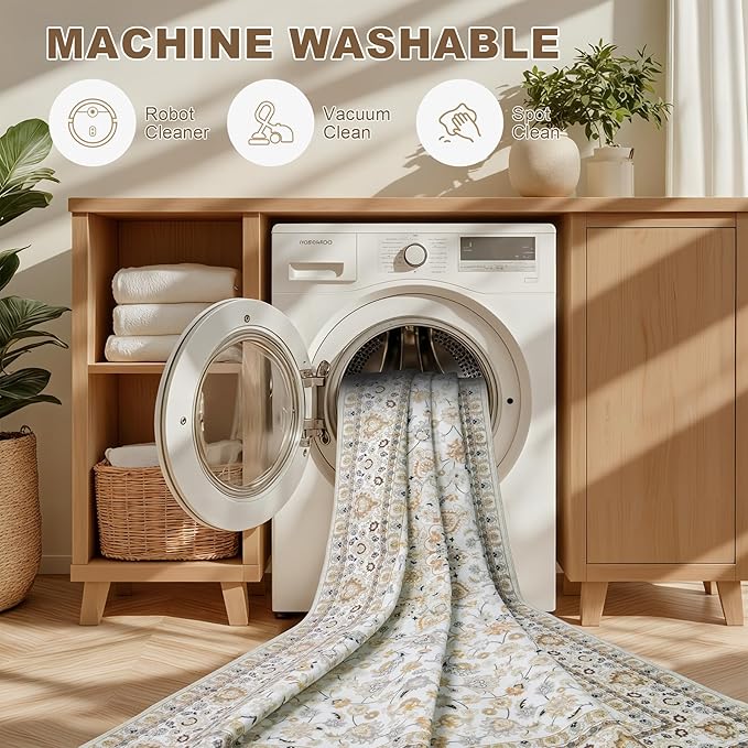 Area Rugs 9x12 Living Room Rug: Washable Rug Soft Vintage Boho Carpet Indoor Floor Non-Slip Stain Resistant Large Carpets for Bedroom Dining Room Farmhouse Nursery Home Office Beige