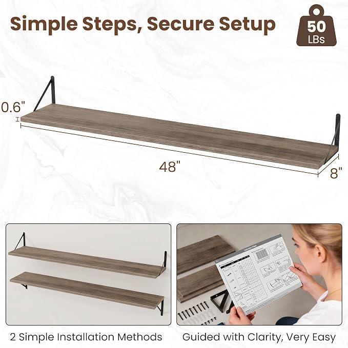 Vivelove Deep Floating Shelves for Wall, 48W x 8D Rustic Grey Wood Wall Shelves Set of 2, Large Floating Shelf for Living Room, Kitchen, Office, Bedroom and Decor Storage, with Metal Bracket - Grey