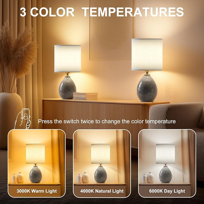 Dawnwake 18.5" Table Lamp Set of 2 for Living Room Bedroom, Bedside Lamps for Night Stands, Desk Nightstand Lamp Dimmable, Modern Linen Cream Ceramic Lamps (Grey)