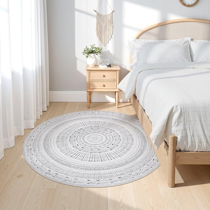 cotiled 5x5 Round Area Rug Living Room: Washable Boho Rugs with Non Slip Backing Large Soft Indoor Stain Resistant Carpet for Bedroom Farmhouse Dining Room Lightweight Home Decor Dark Grey