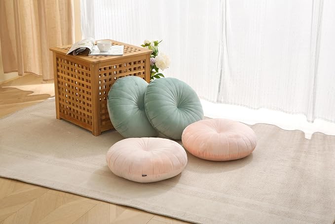 Floor Pillow Meditation Cushion Round Large Floor Pillows Seating for Adults, Velvet Thick Floor Cushions for Yoga Living Room Balcony Outdoor Tatami 18inch（Green）