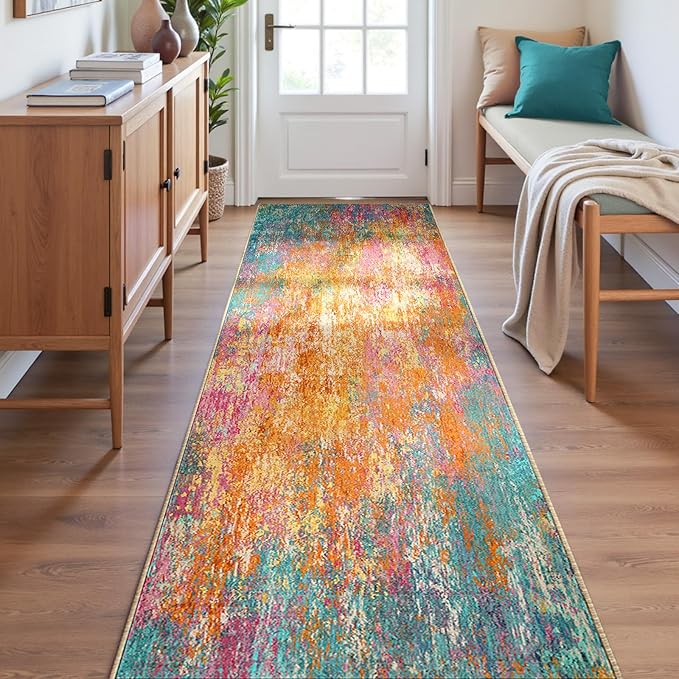 RELEANY Washable Area Rugs 2'x6' Non-Slip Modern Abstract Soft for Living Room Entryway Bedroom Nursery, Print Pattern, Orange Blue Pink Yellow Colorful