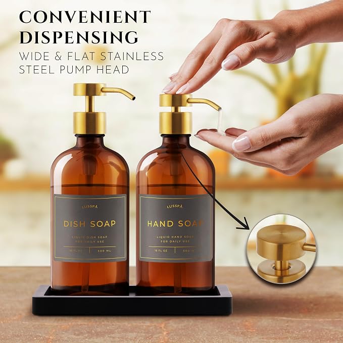 Glass Soap Dispenser Set of 2 (Amber) with Silicone Tray | Hand and Dish Soap Dispenser for Kitchen and Bathroom | 16.8 Oz Glass Bottles with Stainless Steel Pump & 15 Waterproof Labels (Amber/Gold)