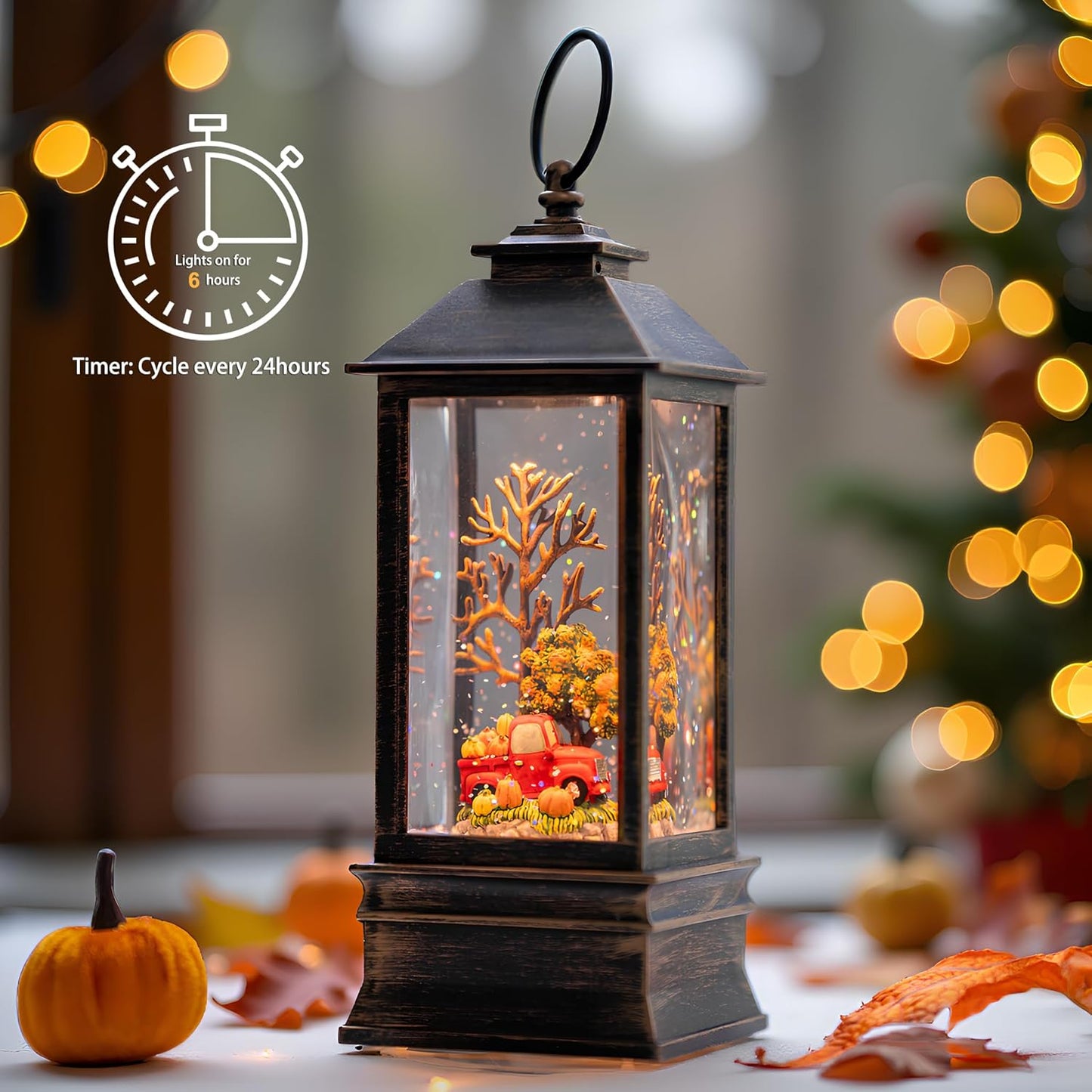 Fall Snow Globe Lantern Thanksgiving Glittering Lighted Lantern, Fall Harvest Day Decorations Gifts, Home Fall Halloween Decor (Pumpkins &Truck)