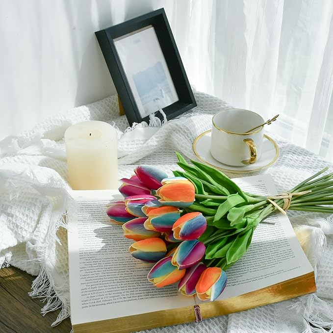 Mandy's Rainbow Orange Artificial Tulips Flowers Centerpiece, 13.5" Lifelike PU Fake Floral Stems 20pcs for Kitchen Island & Dining Table, Spring Decor for Easter