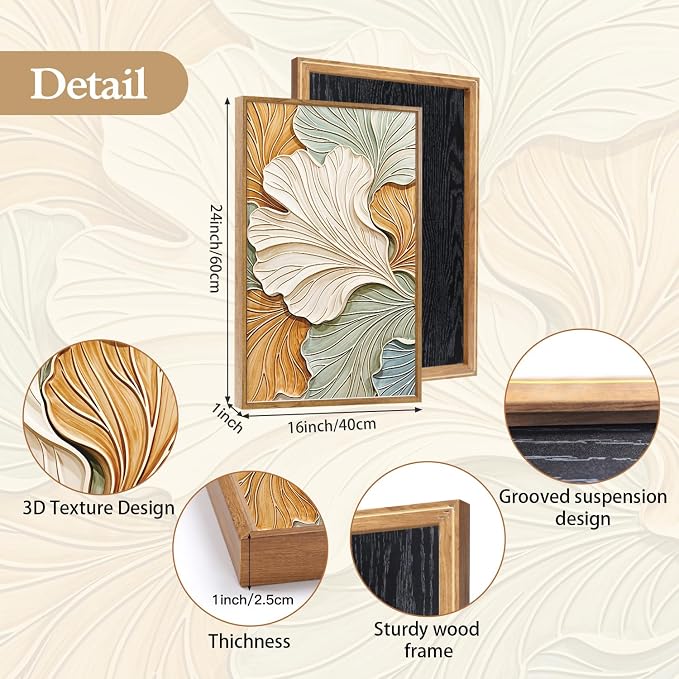 CHDITB 3D Impasto Textured Ginkgo Leaf Relief Framed Canvas Wall Art Set, Neutral Earth Tone Pastel Minimalist Wall Decor, Modern Art Prints for Living Room Hallway Bedroom Home Decor 16"x24"x3