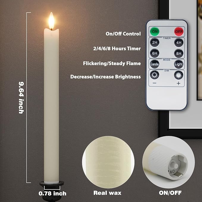 Rechargeable Flameless Taper Candles with Remote, Charging Base, 6 Pcs | 0.78x9.6" ivory wax LED tapers, 3D flicker, 2.5-hour USB-C charge, up to 160-hour runtime for Home Wedding Christmas Decor