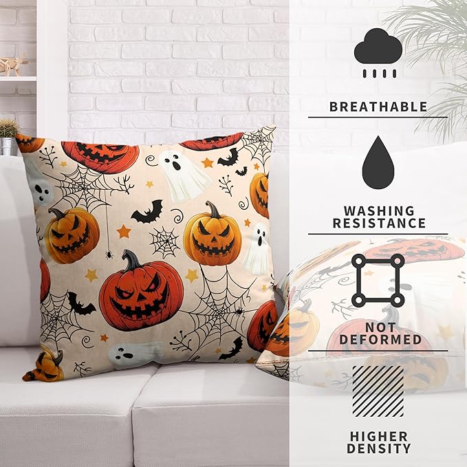 Halloween Pillow Covers 18x18 Set of 2 Jack-O-Lantern Bat Spider Web Ghost Throw Pillow Covers Horror Pumpkin Pillowcase Holiday Decor Cushion Case for Party Outdoor Sofa