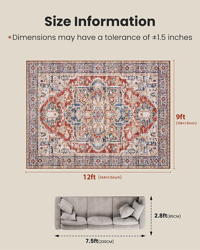 AMADA HOMEFURNISHING 9x12 Washable Area Rug, Low-Profile Large Area Rug with Non-Slip Backing & Durable Edge Binding, Vintage Large Rugs for Living Room, Bedroom & Dinning Room