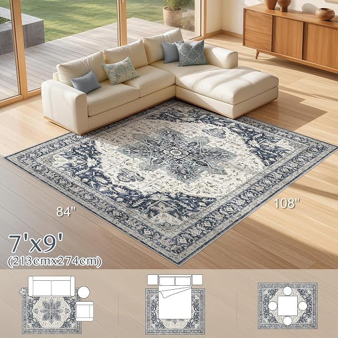 Tortania Area Rug Living Room Rugs - 7x9 Washable Boho Rug Vintage Oriental Distressed Farmhouse Large Thin Indoor Carpet for Living Room Bedroom Under Dining Table Home Office - Indigo