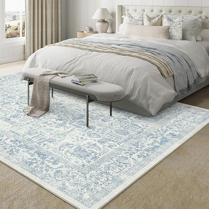PureCozy Blue Area Rug 7x10 Machine Washable Vintage Living Room Distressed Non Slip Carpet Traditional Indoor Bedroom Retro Floral Accent Throw Large Rug for Office Kitchen Dining Room