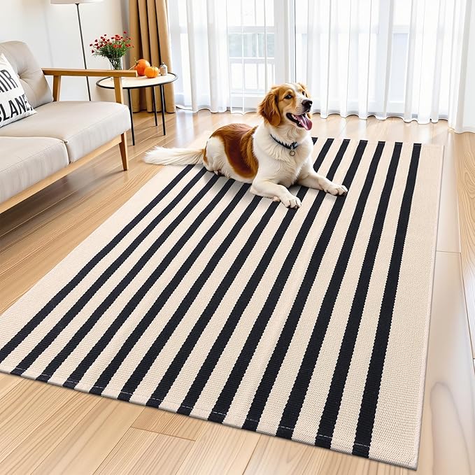 OLANLY Beige and Black Striped Rug 4' x 6' – Washable Cotton Doormat for Indoor Outdoor Use, Layered Front Porch Rug for Entryway, Kitchen, Patio
