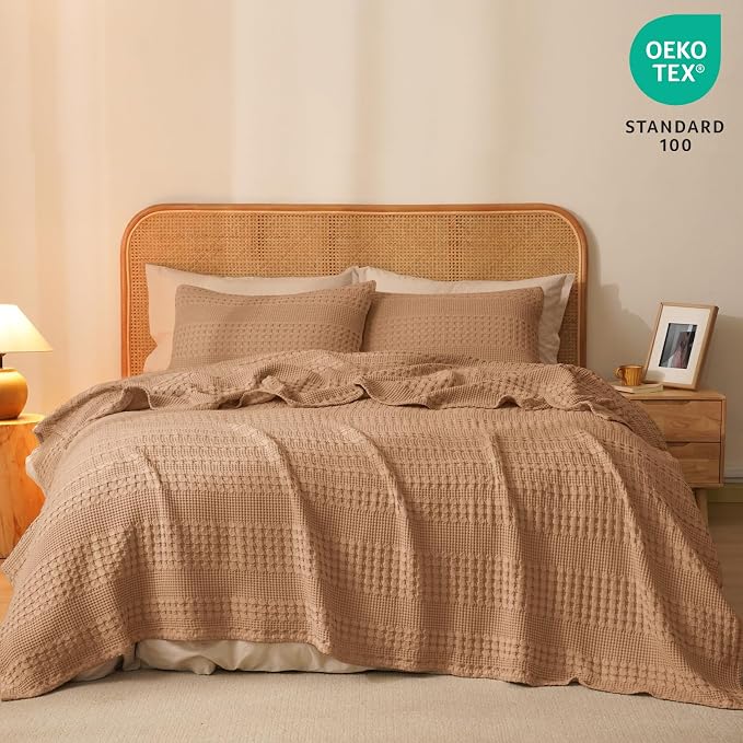 PHF 100% Cotton Waffle Blanket Queen Size for Bed, Lightweight Breathable and Soft for Summer, Luxury Aesthetic Waffle Weave Blanket for Home Decor & Gifts for Women, 90"x90", Clay