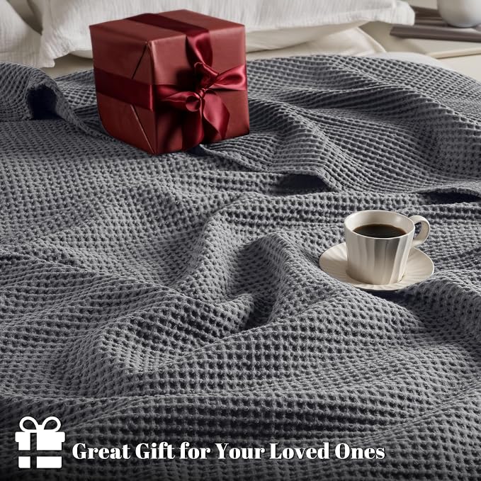 PHF Pre-Washed 100% Cotton Waffle Weave Blanket King Size for Bed,Snag Proof Throw Blanket for Couch Spring Summer Lightweight Breathable,Machine Washable, Home Decor Gift - Charcoal