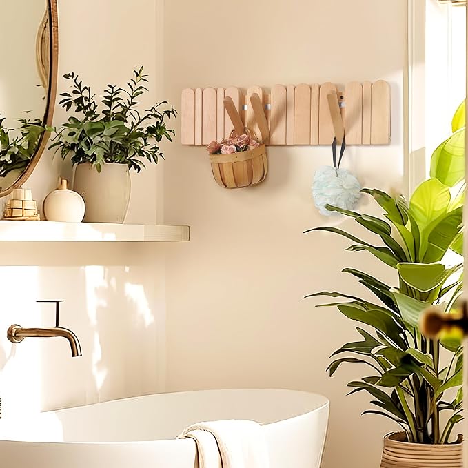 Wall Coat Rack for Entryway: Wooden Modern Heavy Duty 8 Hooks 21.6'' Retractable Wall Mounted for Boho Home Decor Hallway Bathroom Bedroom for Hanging Jacket Towel Backpack Bag