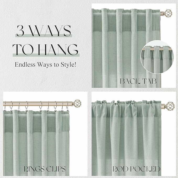 Jowels Aqua Green Linen Curtains 84 Inch Long 2 Panels for Living Room | Light Filtering Semi Sheer Curtain, Back Tab Pocket Pleated Look, Boho Farmhouse Textured Privacy Drapes for Bedroom Window