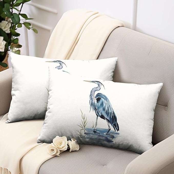 Watercolor Heron Lumbar Pillow Covers Pelican Throw Pillow Covers 12x20 Set of 2 Summer Bird Pattern Double Sided Printing Pillow Case for Farmhouse Patio Living Room, Cotton Linen