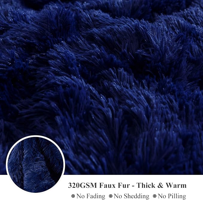 XeGe Plush Shaggy Duvet Cover Set, Luxury Ultra Soft Crystal Velvet Fluffy Bedding Sets 2 Pieces(1 Faux Fur Furry Comforter Cover + 1 Fuzzy Faux Fur Pillowcase), Zipper Closure(Twin, Navy Blue)