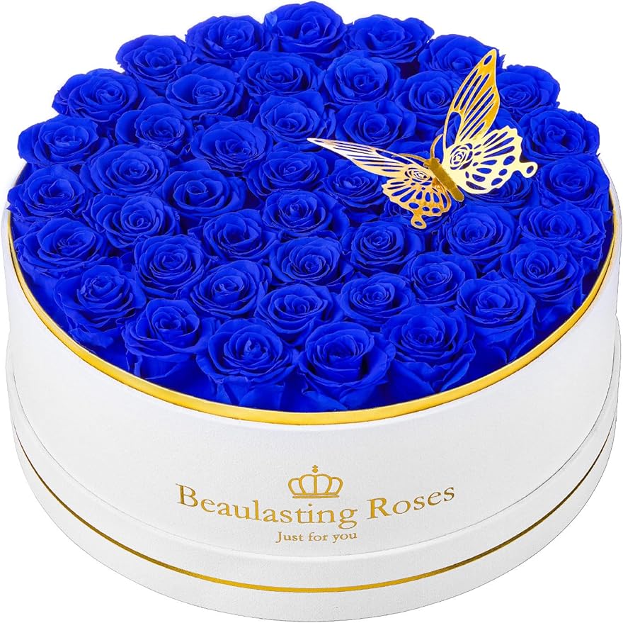 47 Preserved Roses Forever Flowers Real Roses in a Box Mother's Day Birthday Flowers for Her Mom Women Wife Valentine's Day, Royal Blue Roses
