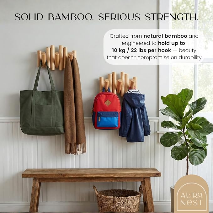 Bamboo Piano Coat Rack Wall Mount Set of 2, Flip Down Wooden Hooks for Entryway Hallway Mudroom Bedroom | Natural Wood Wall Hanger, 2-Pack 3 Hooks, Space Saving Organizer