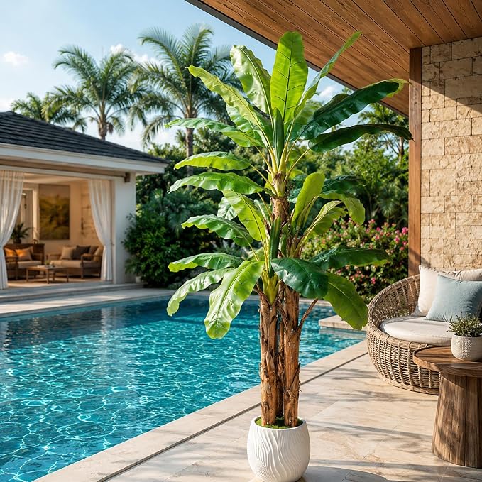 8FT Artificial Banana Tree Faux Banana Leaf Plant Artificial Tropical Tree Outdoor Large Faux Plants Indoor Fake Tree for Patio Balcony Garden Living Room Office Decor (with Faux Moss)