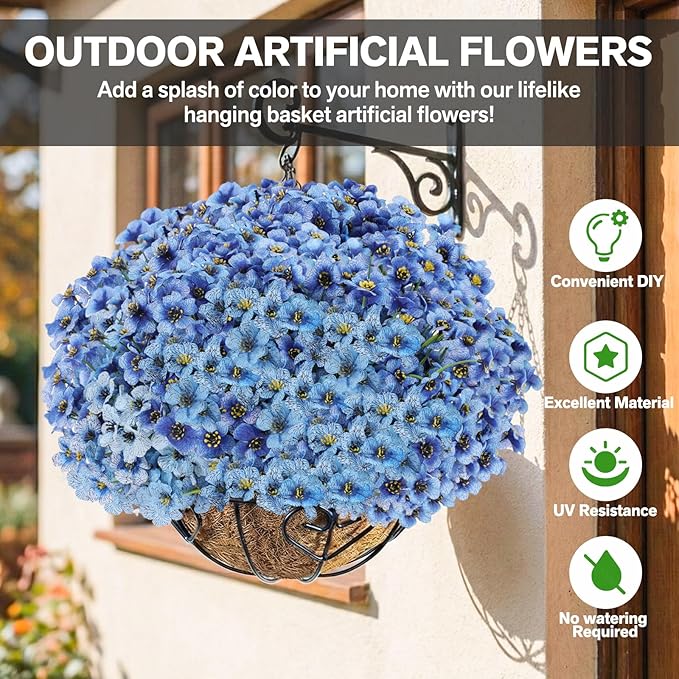 Powbrace 60 Pack Artificial Flowers for Outdoor Indoor Fake Plants, Faux Silk Flowers for Outdoors Outside Front Porch Hanging Planter Window Box Garden Spring Decoration(Blue)