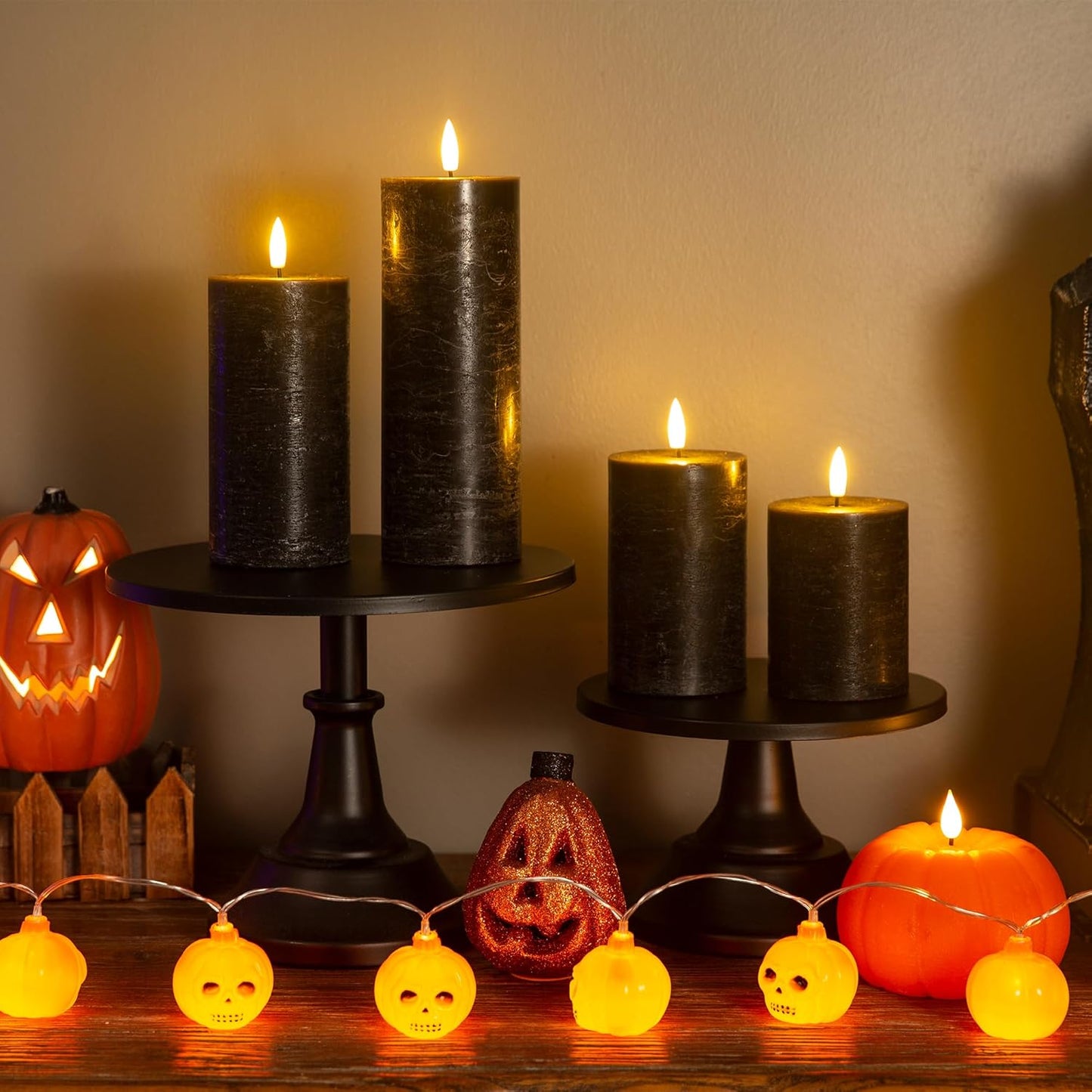 Halloween Flameless Candles, 4 Pack Battery Operated Halloween Candles with Remote, Wax LED Fake Pillar Candles Fireplace/Shelf Decor D3 H 5" 6" 7" 9" Black