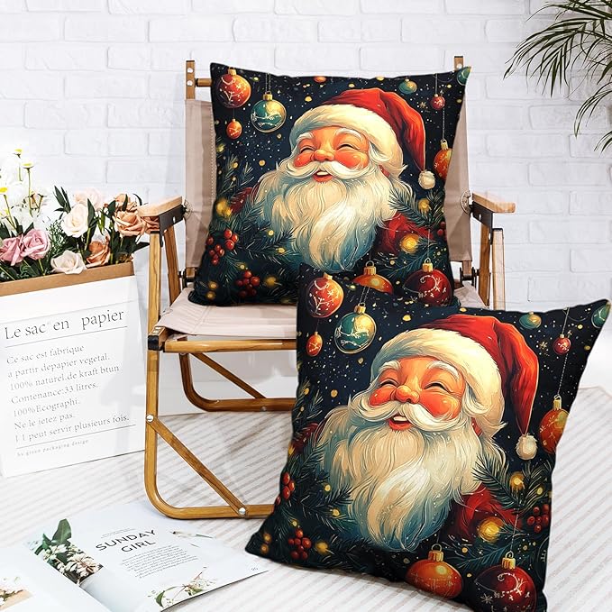 Christmas Santa Pillow Covers Xmas Throw Pillow Covers 20x20 Set of 2 Black Red Holiday Pillowcase Double Sided Printing Cotton Linen Cushion Case for Living Room Sofa Couch