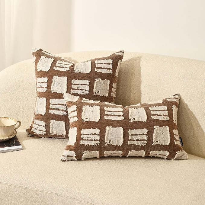 Boho Throw Pillow Covers 18x18, Brown White Abstract Grid Pillowcases, Decorative Pillows Cushion Cases for Sofa Bed Living Room