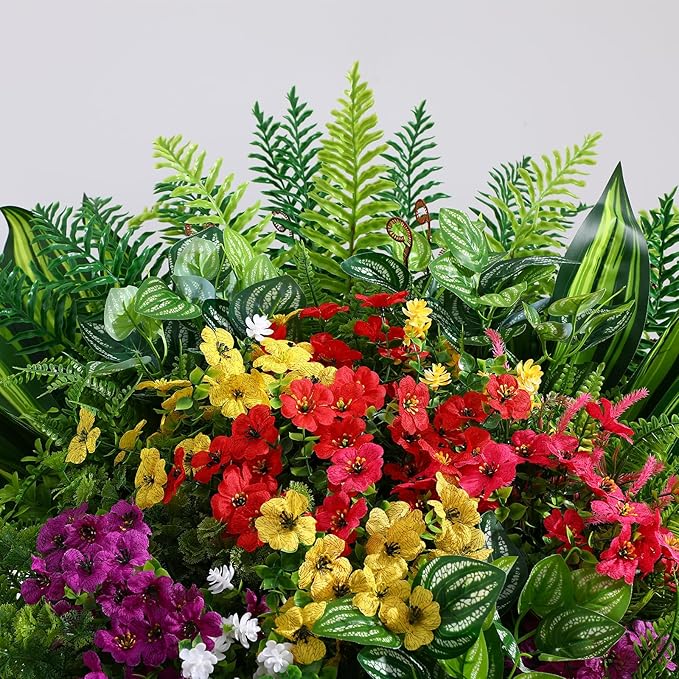 Alupssuc 24 Pcs Artificial Plants Flowers for Outdoors, Realistic Faux UV Resistant Greenery & Silk Flowers,Fake Plastic Shrubs Stems No Fade for Indoor Outside Garden Patio Spring Planter Home Decor